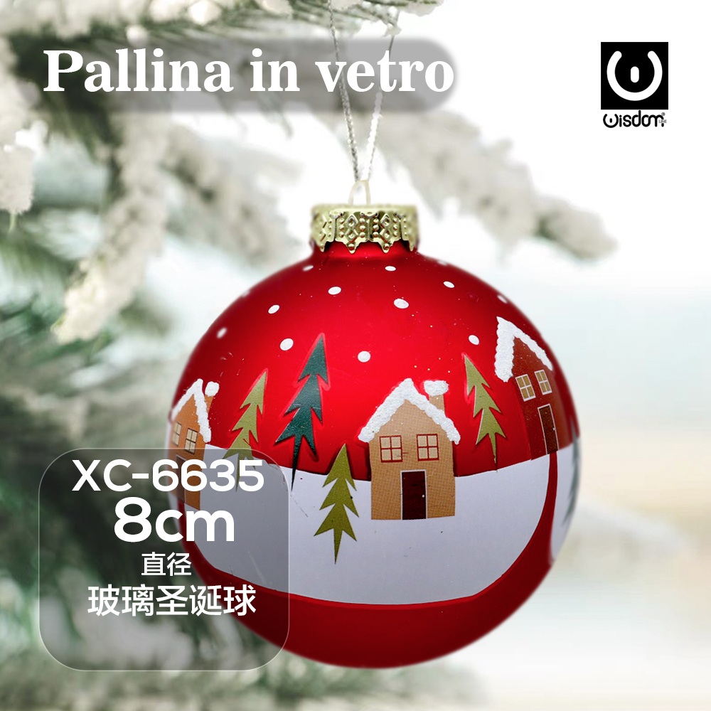 XC-6635 Pallina di Natale rossa in vetro da 8cm decorazione con casette innevate villaggio natalizo - immagine 1