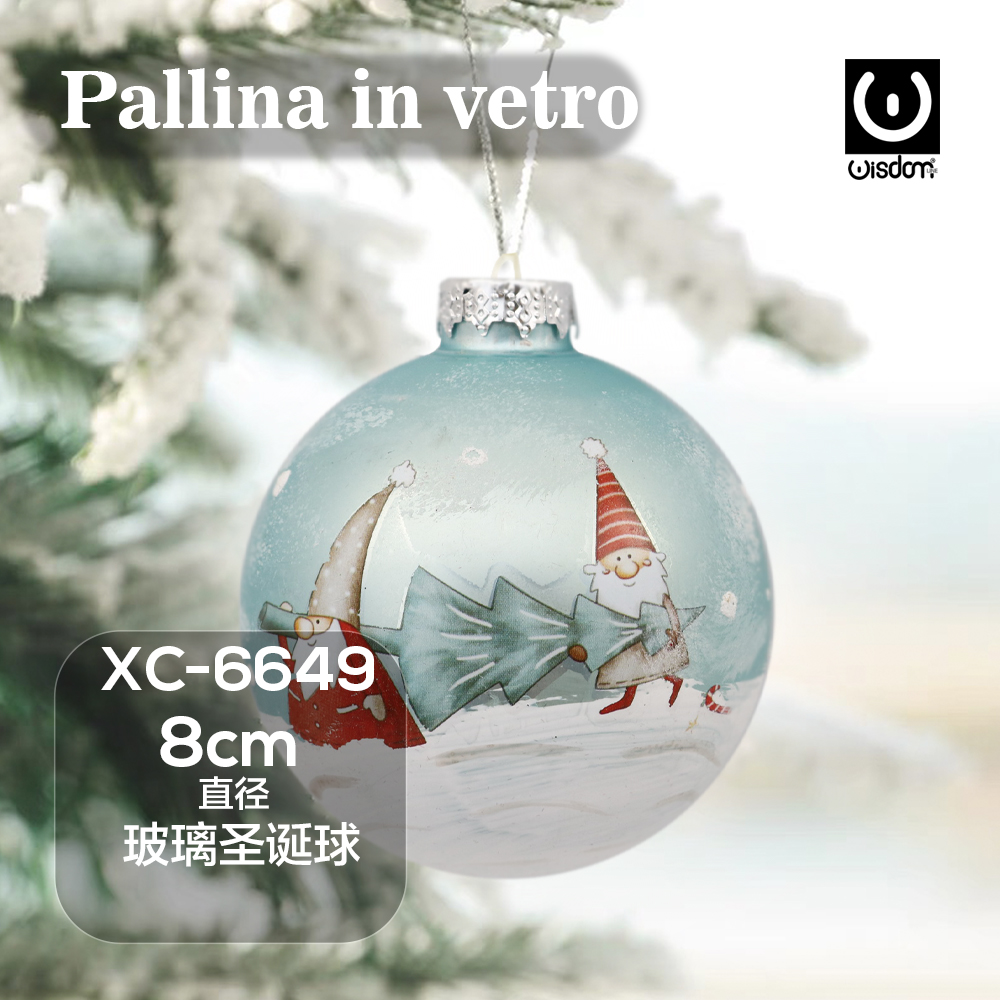 XC-6649 Pallina di Natale azzurra in vetro da 8cm decorata con gnomi - immagine 1