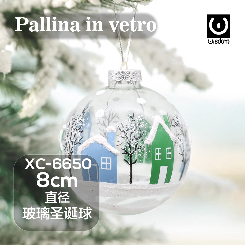 XC-6650 Pallina di Natale trasparente in vetro da 8cm decorata con casette - immagine 1