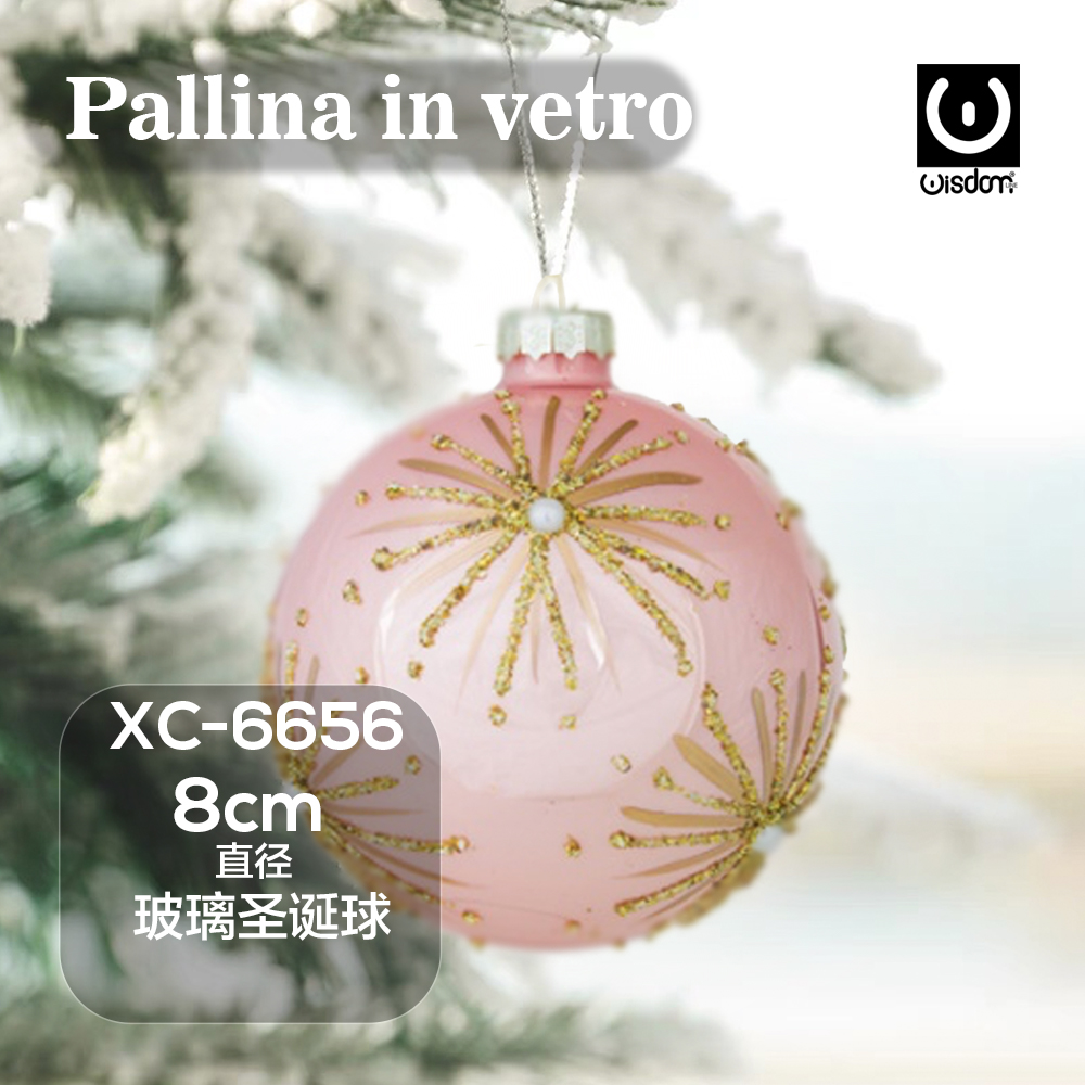 XC-6656 Pallina di Natale rosa in vetro da 8cm decorata con glitter dorati - immagine 1