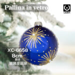 Pallina di Natale blu in vetro da 8cm decorata con glitter dorati