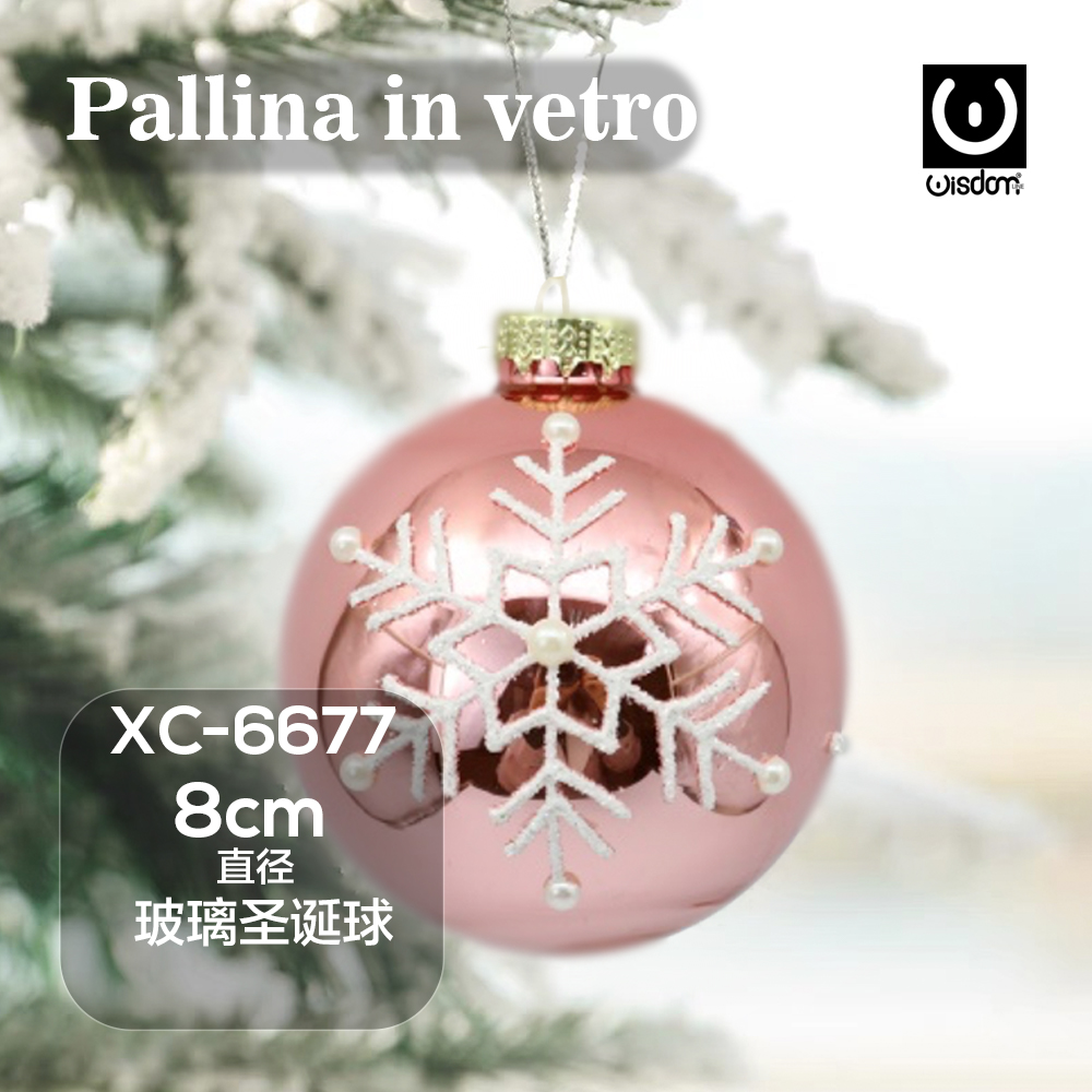XC-6677 Pallina di Natale rosa in vetro da 8cm decorazione con fiocco natalizio bianco - immagine 1