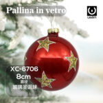 Pallina di Natale rossa in vetro da 8cm decorazione con stelle natalizie dorate glitterate