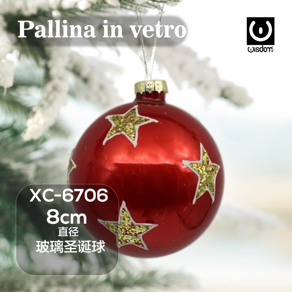 XC-6706 Pallina di Natale rossa in vetro da 8cm decorazione con stelle natalizie dorate glitterate - immagine 1