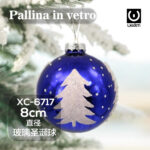 Pallina di Natale blu in vetro da 8cm decorazione con glitter e alberi Natalizi