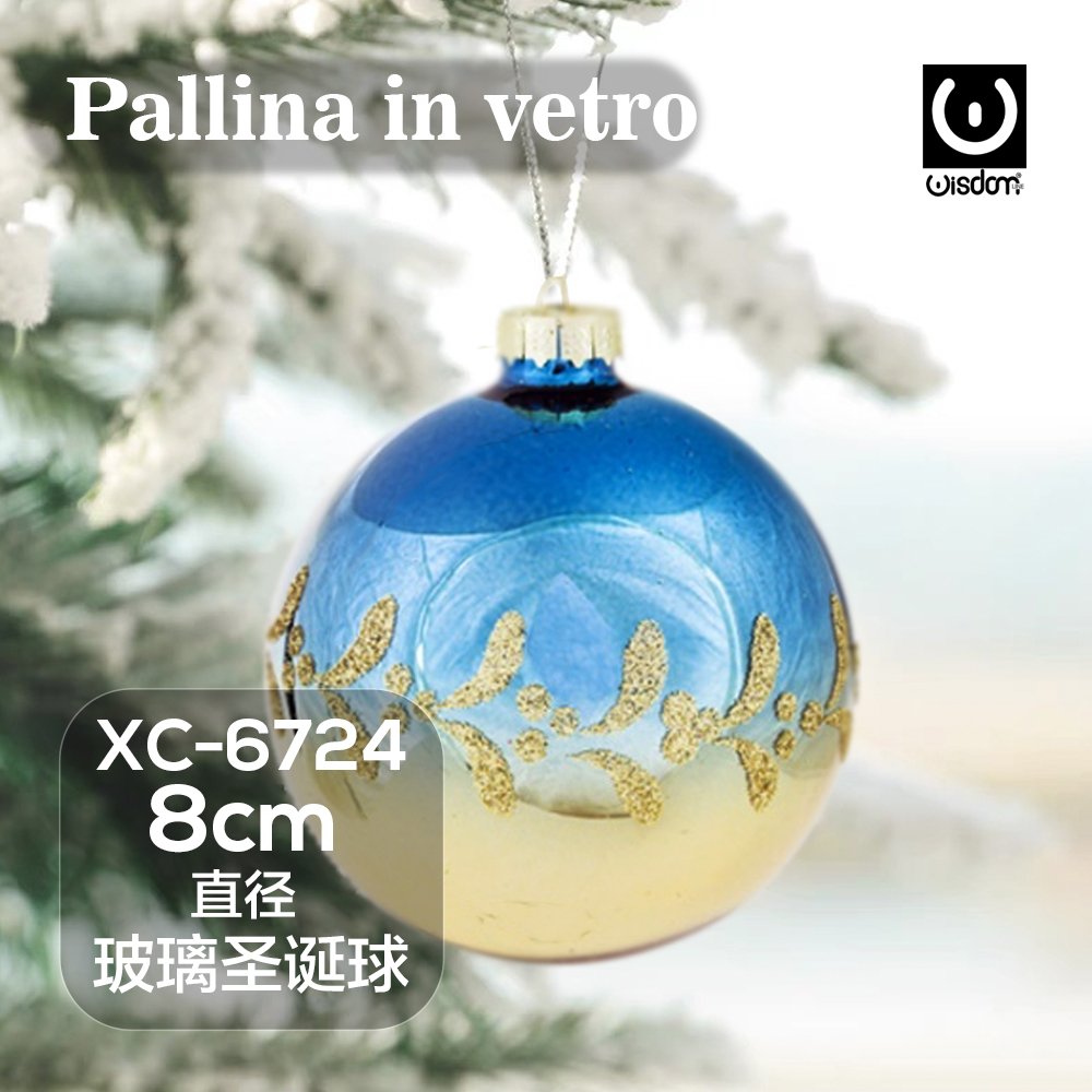 XC-6724 Pallina di Natale blu brillante in vetro da 8cm decorazione con oro glitterato - immagine 1