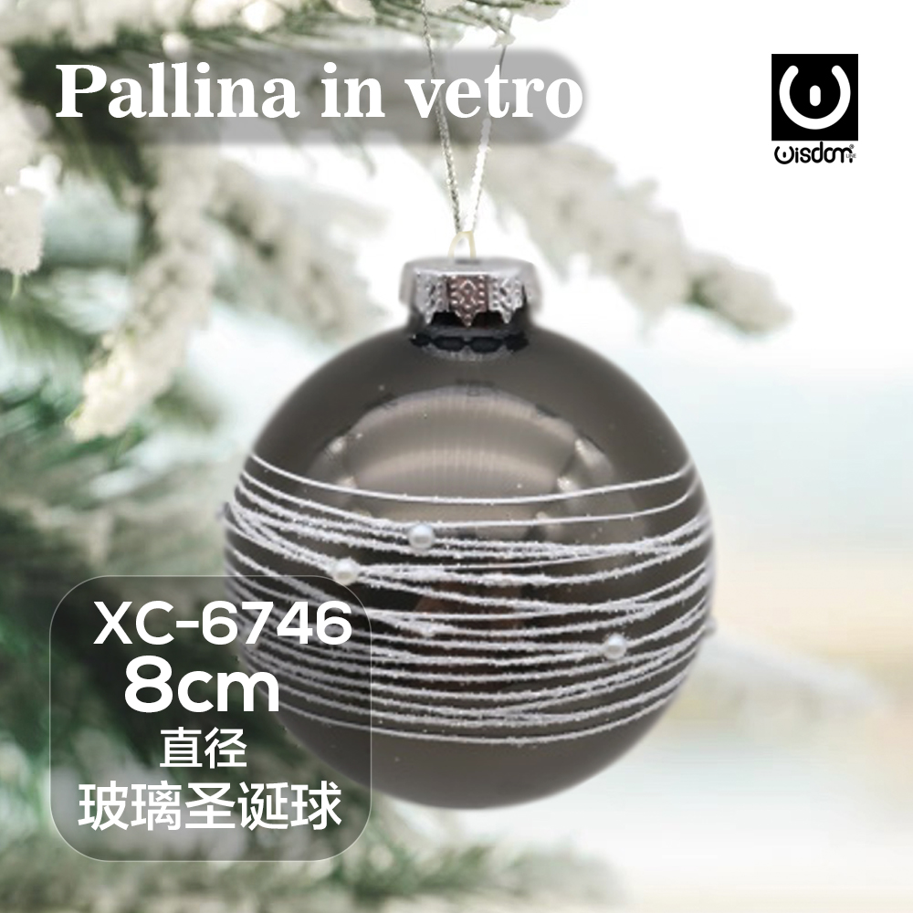 XC-6746 Pallina di Natale nera in vetro da 8cm con fili glitterati argentati - immagine 1