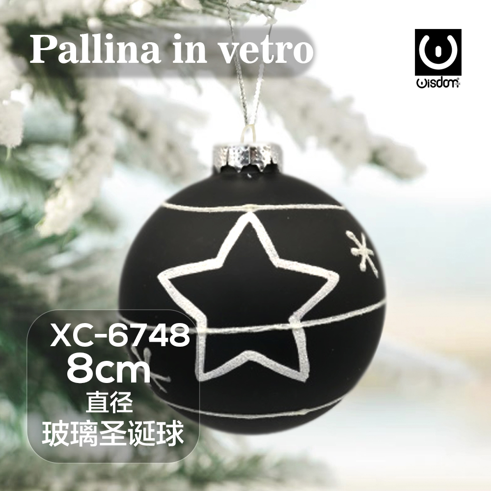 XC-6748 Pallina di Natale nera in vetro da 8cm decorata con stelle bianche - immagine 1