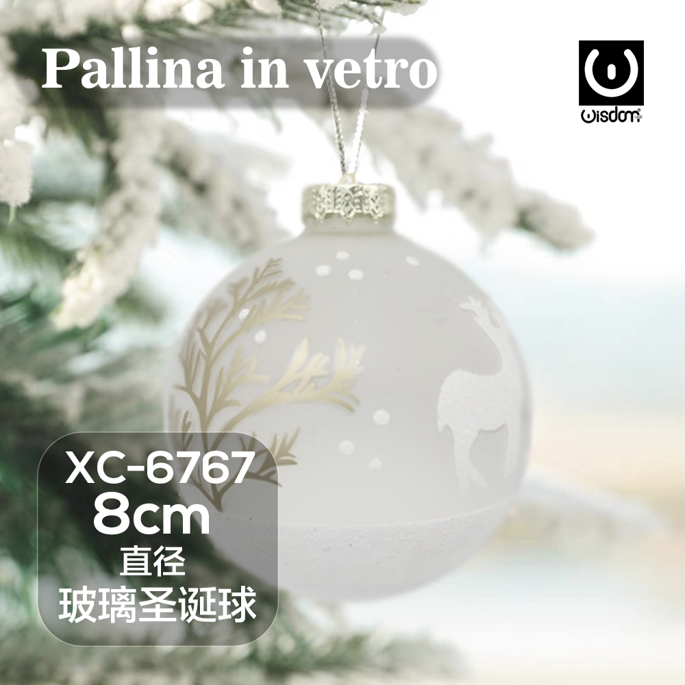 XC-6767 Pallina di Natale bianca trasparente in vetro da 8cm decorata con paesaggio - immagine 1