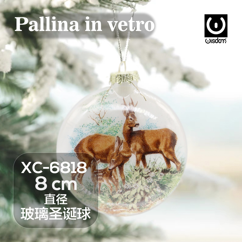 XC-6818 Pallina di Natale trasparente in vetro da 8cm decorata con cervi - immagine 1