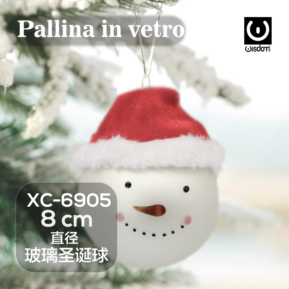 XC-6905 Pallina di Natale in vetro decorativa a forma pupazzo di neve dimensioni 8cm - immagine 1