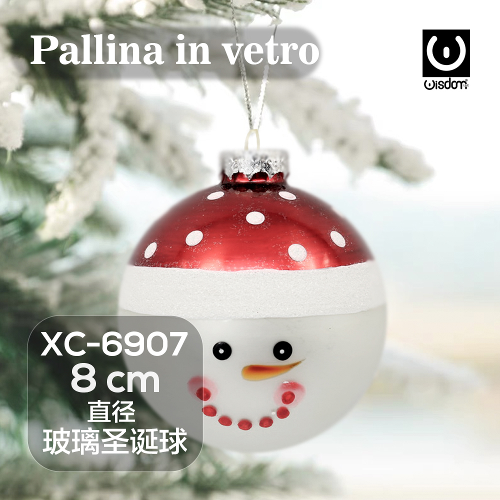 XC-6907 Pallina di Natale in vetro decorativa a forma pupazzo di neve con dettagli cappello rosso e pois bianchi dimensioni 8cm - immagine 1