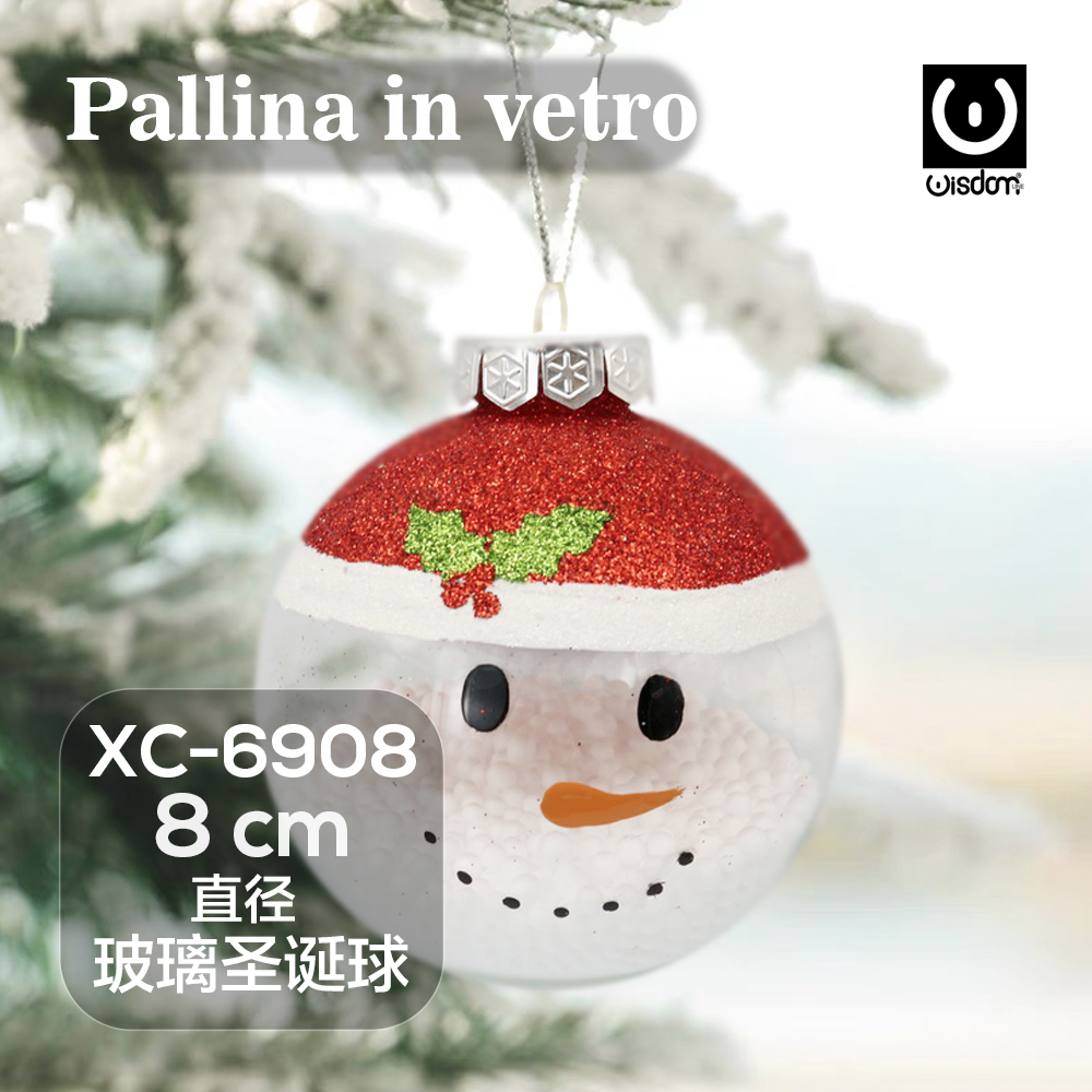 XC-6908 Pallina di Natale in vetro decorativa a forma pupazzo di neve con dettaglio cappello rosso glitterato dimensioni 8cm - immagine 1
