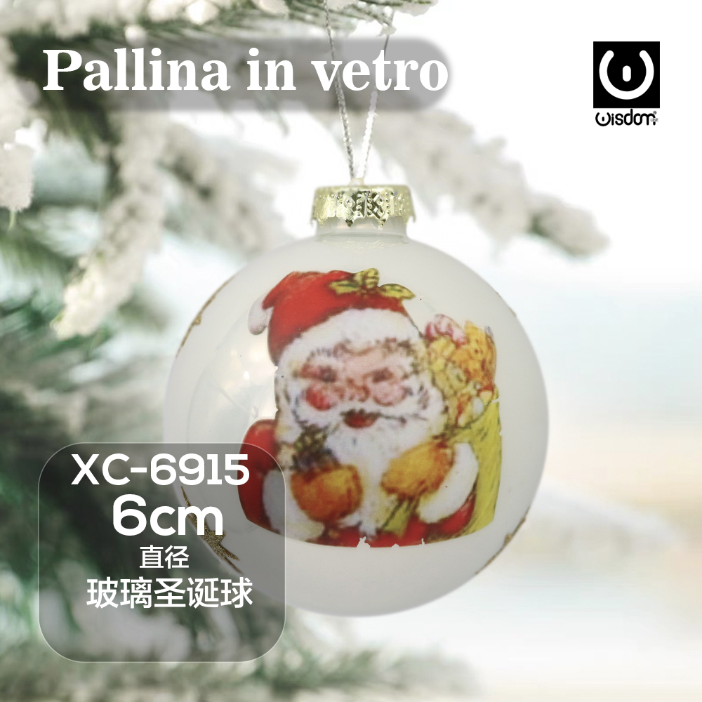 XC-6915 Pallina di Natale bianca in vetro da 6 cm decorazione con babbo natale - immagine 1
