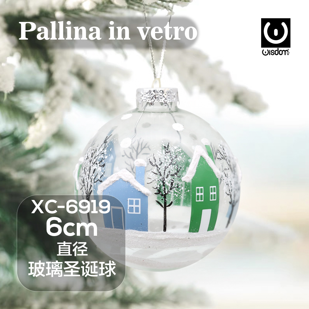 XC-6919 Pallina di Natale bianca in vetro da 6 cm decorazione con paesaggio innevato - immagine 1