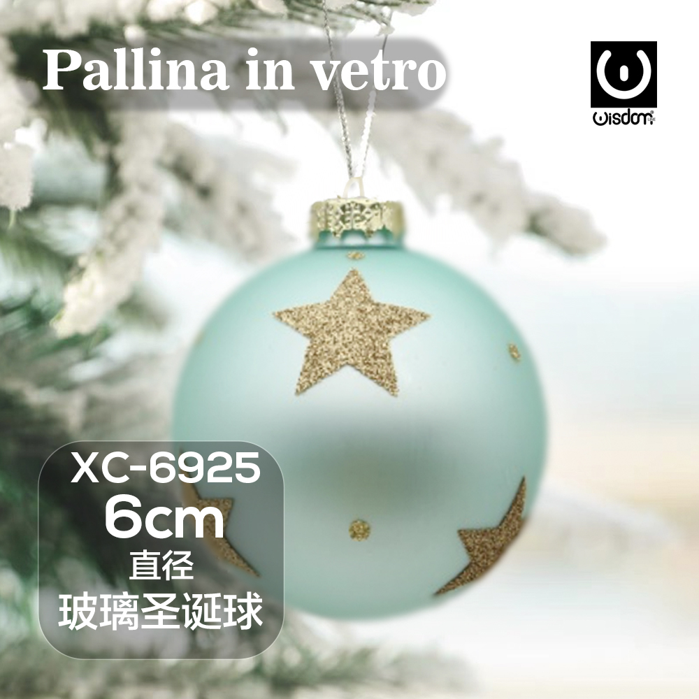 XC-6925 Pallina di Natale con sfondo color menta in vetro da 6 cm decorazione con stelle natalizie dorate glitterate - immagine 1
