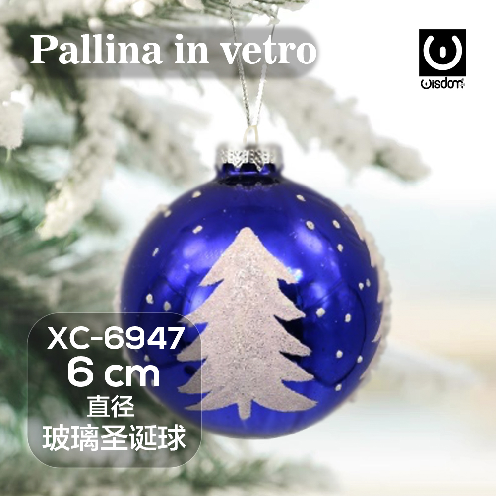 XC-6947 Pallina di Natale con fondo blu scuro in vetro da 6 cm decorazione albero natalizo con glitter argento - immagine 1