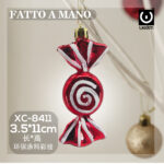 Pallina di natale in plastica fatta a mano a forma di caramella rossa e spirale bianco centrale dimensioni: 3,5x11cm