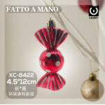 Pallina di natale in plastica fatta a mano a forma di caramella con pois bianchi dimensioni: 4,5x12cm