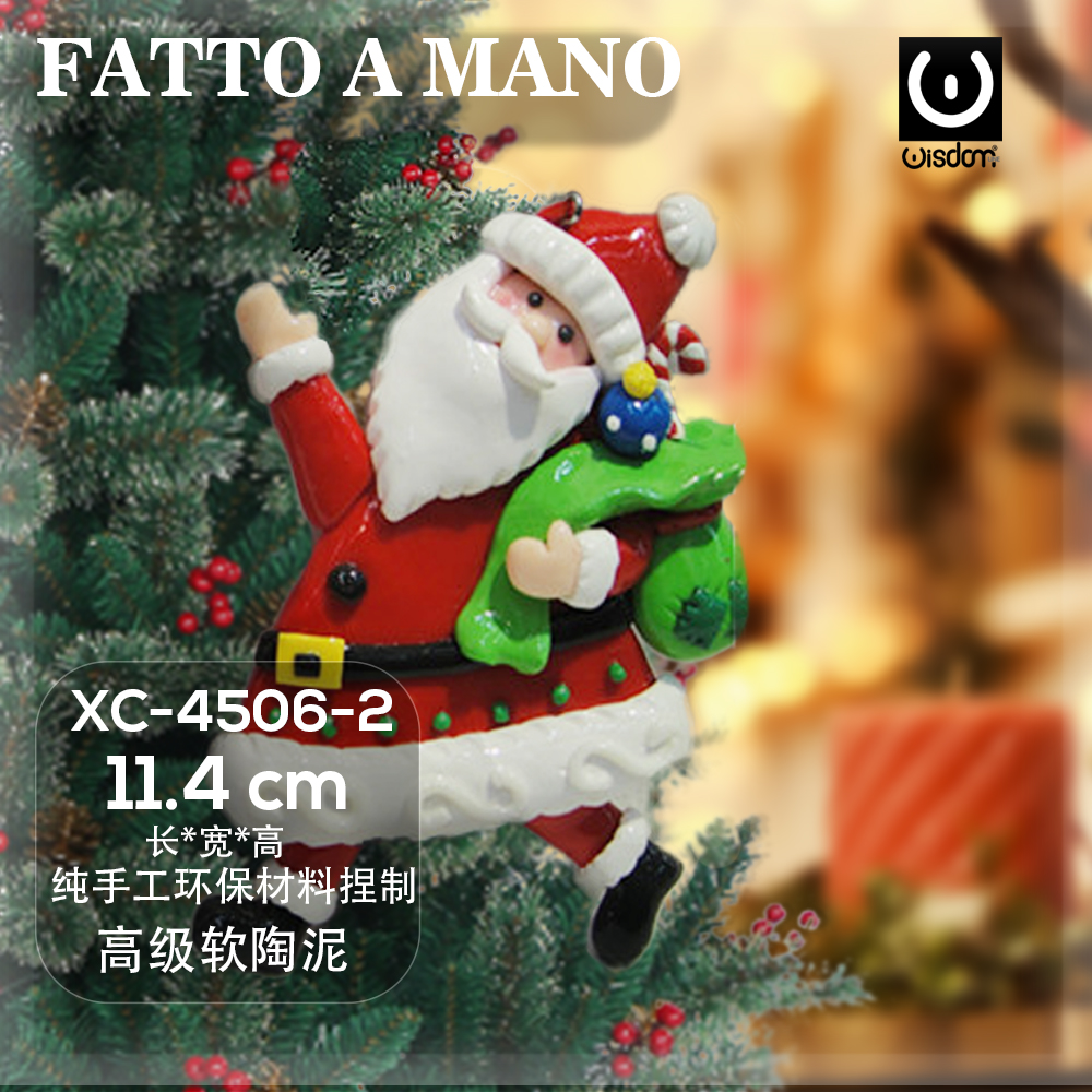 XC-4506-2 Pendente Natalizio a forma di Babbo Natale in argilla fatto a mano dimensione:11,4cm - immagine 1