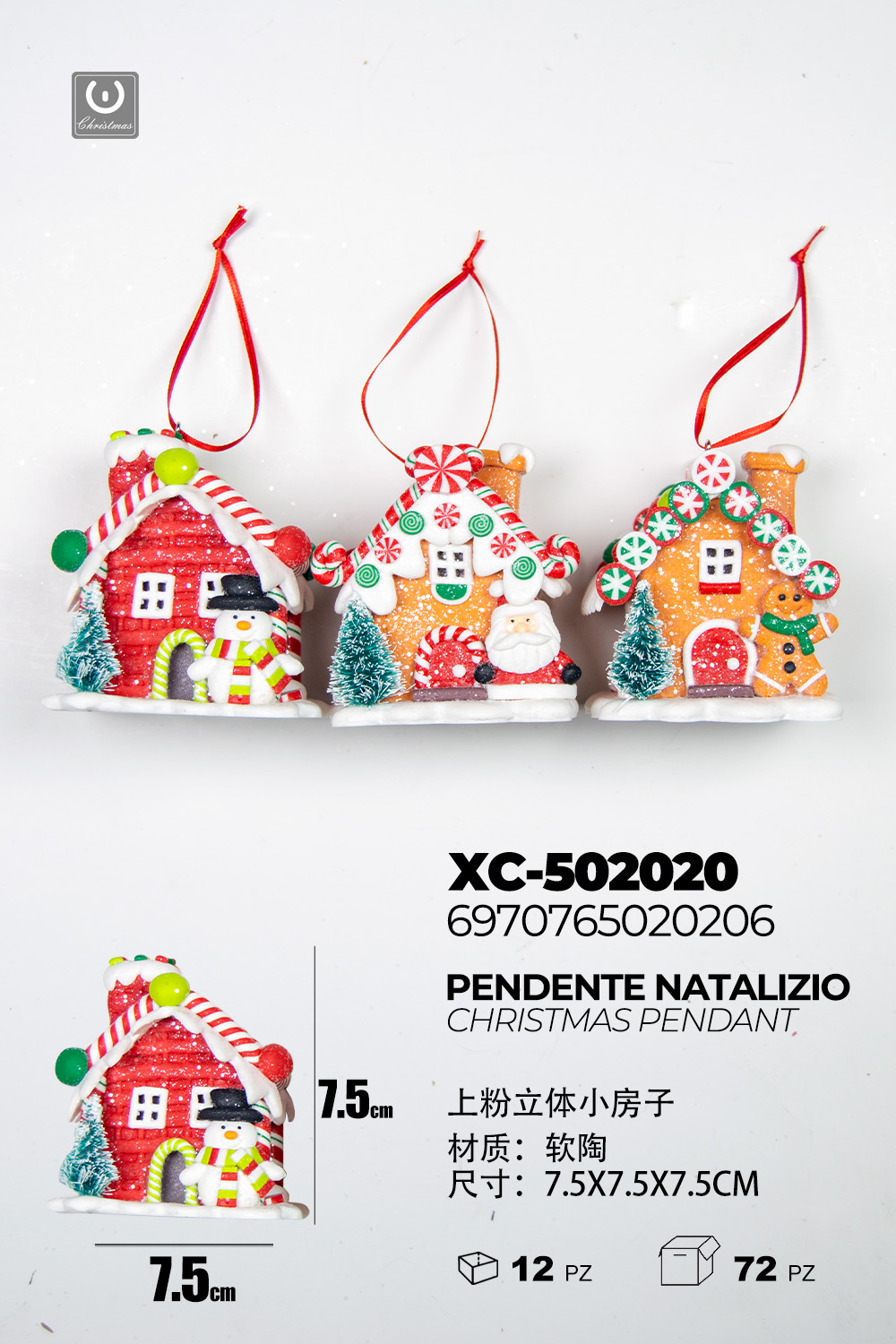 XC-502020 Set da 3 Pendenti natalizi a forma casette in legno con personaggi assortiti dimensione: 7,5x7,5x7,5cm - immagine 1