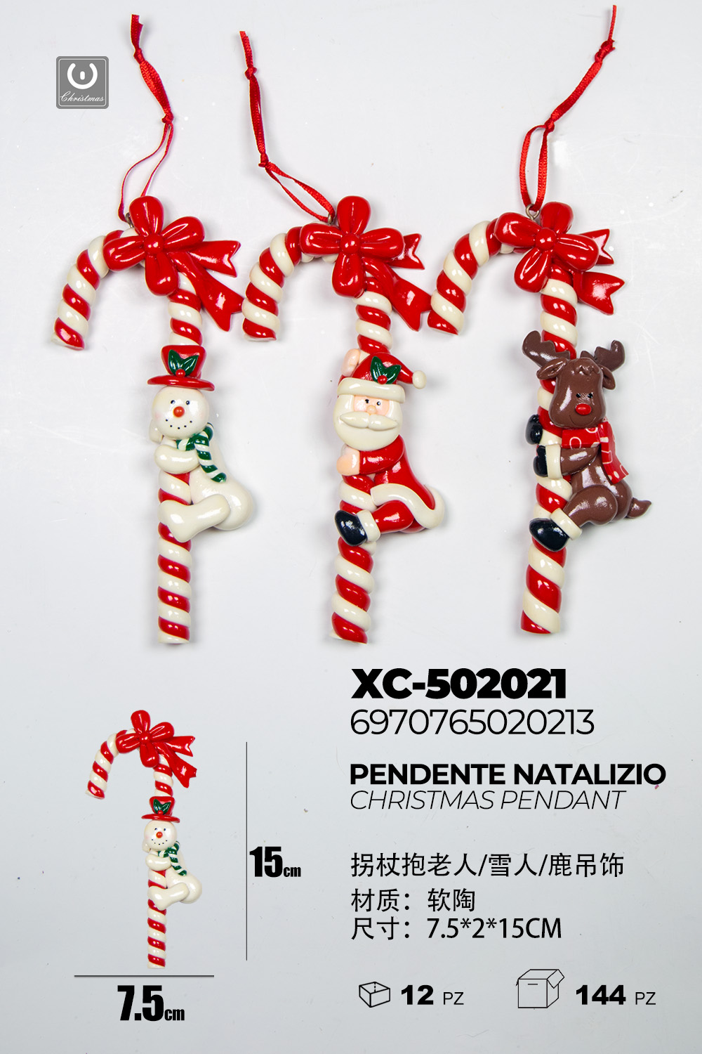 XC-502021 Pendente natalizio a forma di bastoncino con personaggi assortiti dimensione: 7,5x2x15cm - immagine 1