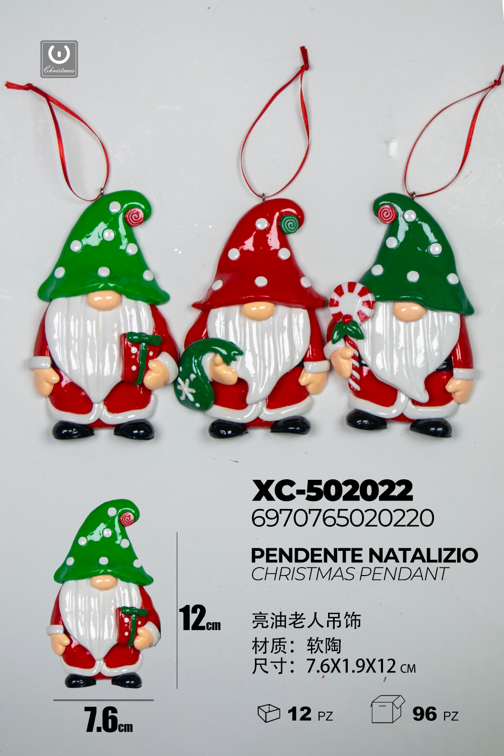 XC-502022 Set da 3 Pendenti natalizi a forma di gnomi colori assortiti dimensione: 7,6x1,9x12cm - immagine 1