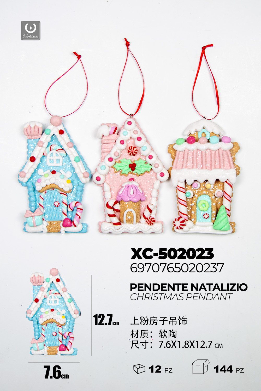 XC-502023 Set da 3 Pendenti natalizi a forma casette pan di zenzero colori assortiti dimensione: 7,6x1,8x12,7cm - immagine 1