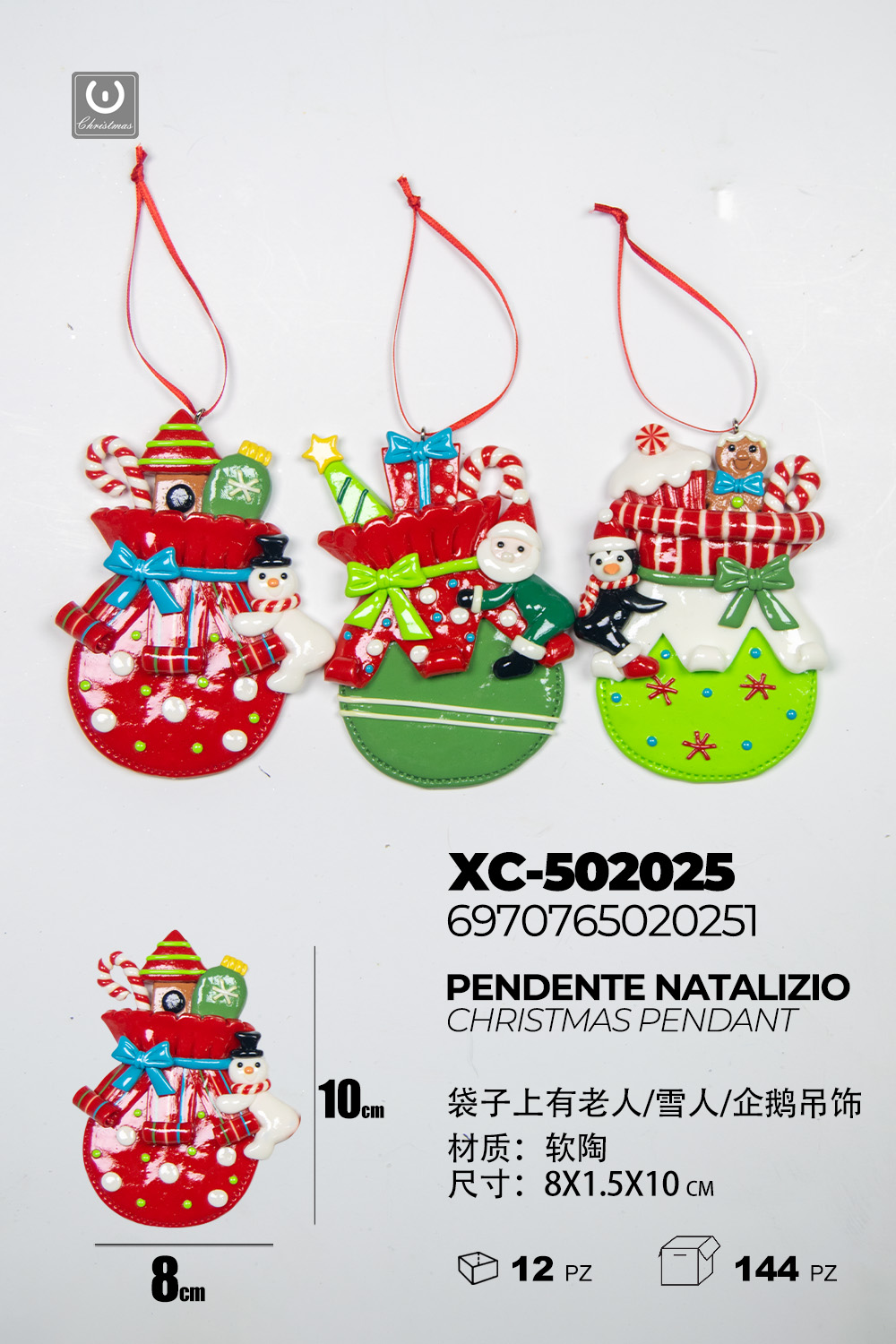 XC-502025 Set da 3 Pendenti natalizi a forma di personaggi assortiti con colori diversi dimensione: 8x1,5x10cm - immagine 1