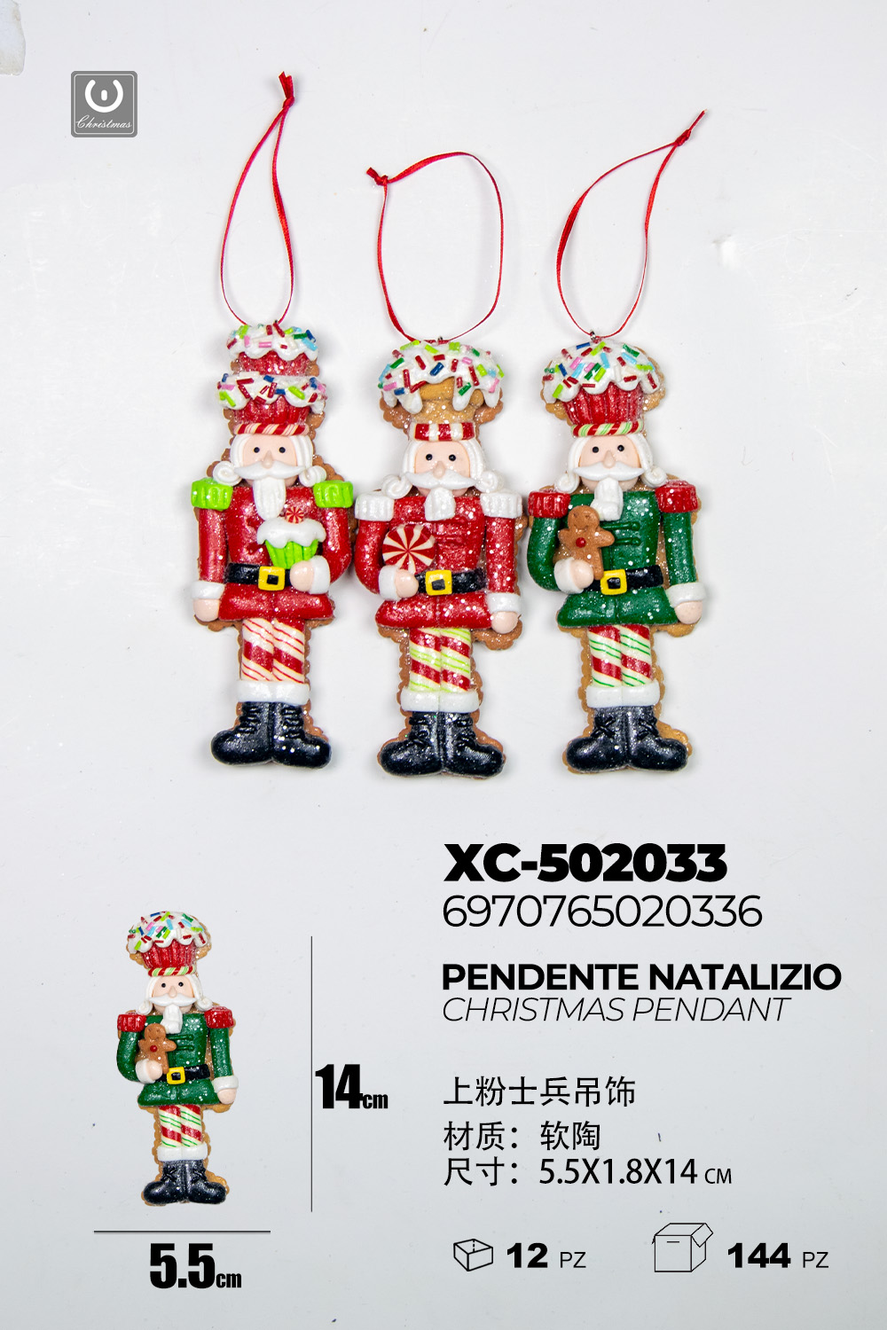 XC-502033 Set da 3 Pendenti natalizi a forma di schiaccianoci con colori assortiti dimensione: 5,5x1,8x14cm - immagine 1