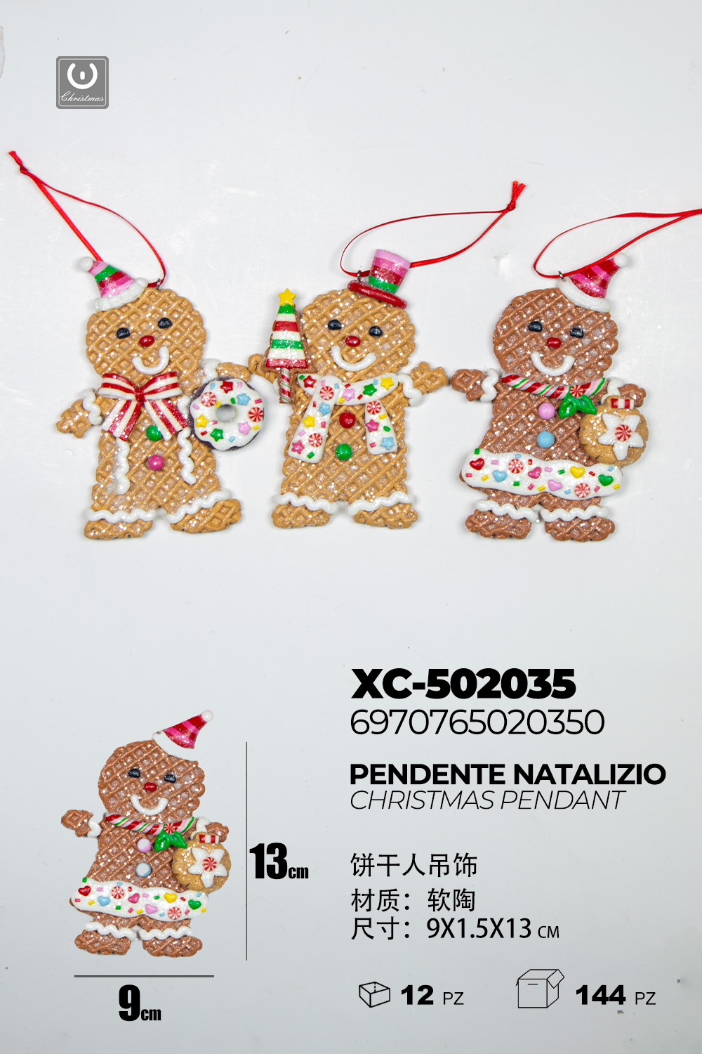 XC-502035 Set da 3 Pendenti natalizi a forma omini pan di zenzero dimensione: 9x1,5x13cm - immagine 1
