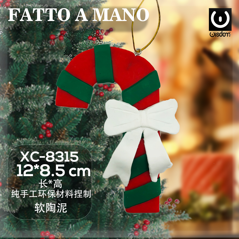 XC-8315 Pendente Natalizio a forma di bastoncino rosso e verde natalizio fatto a mano con fiocco bianco dimensione:12,8x5cm - immagine 1